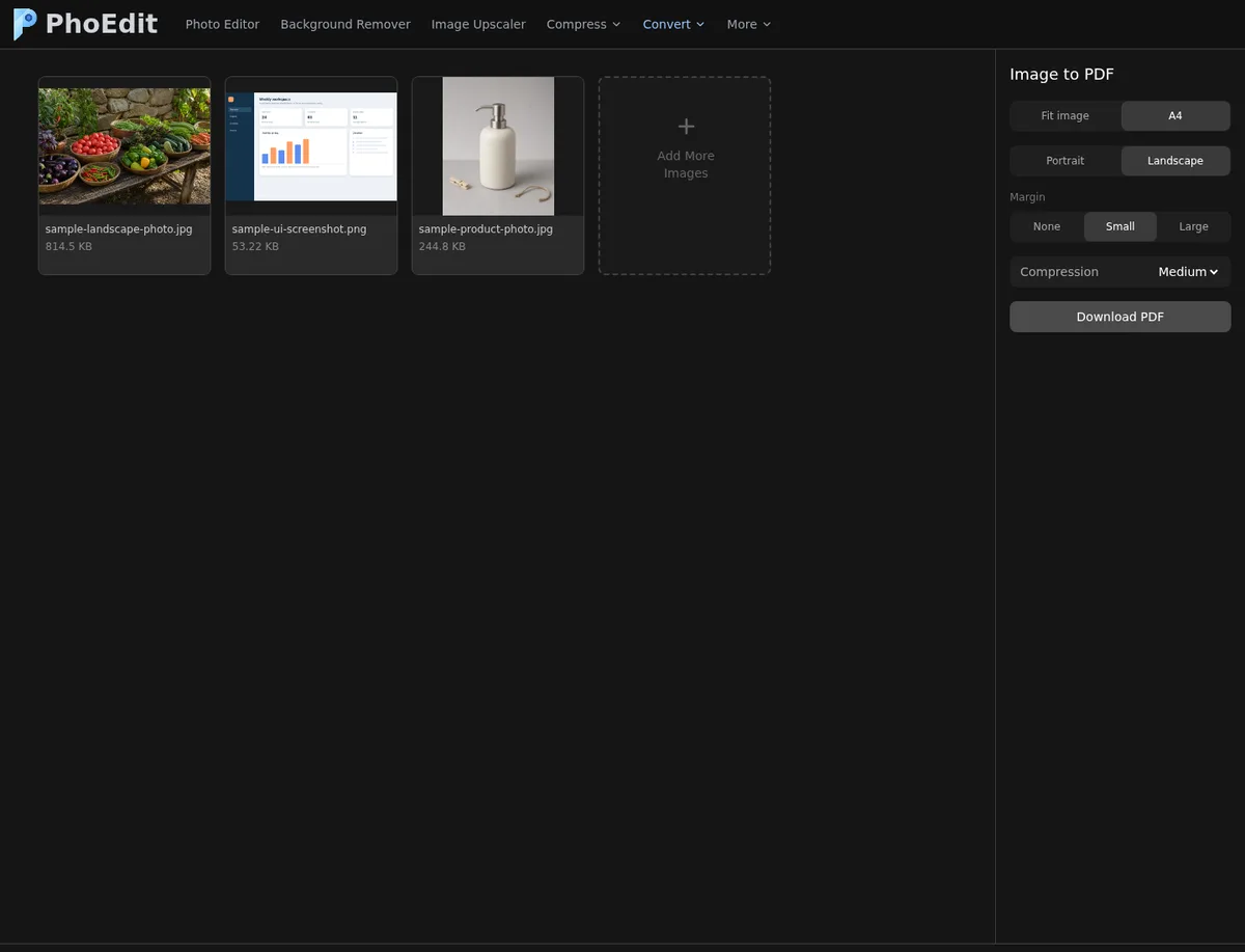 Three original images loaded with A4 landscape and small margins selected
